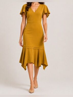 Amanda Uprichard Mustard Gold High-Low Dress Size Small Flutter Sleeve Dress